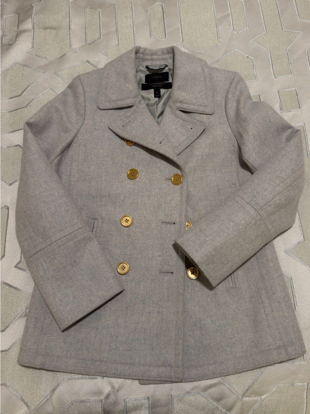 J. Crew Double-Breasted Pea Coat in Light Gray with Gold Buttons